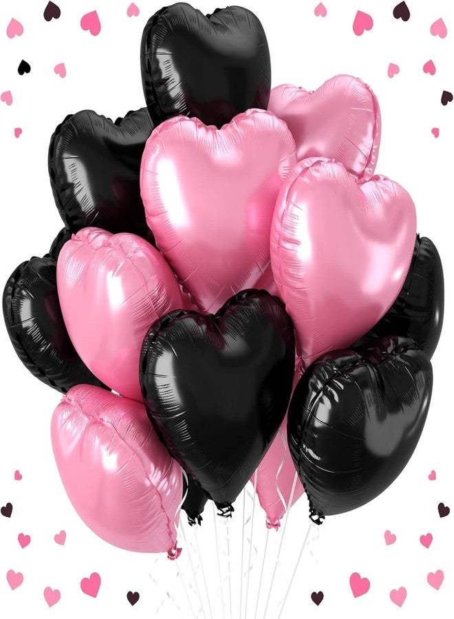 AMFIN (Pack of 10) 18 Inch Heart Foil Balloons - Light Pink & Black - Image 1